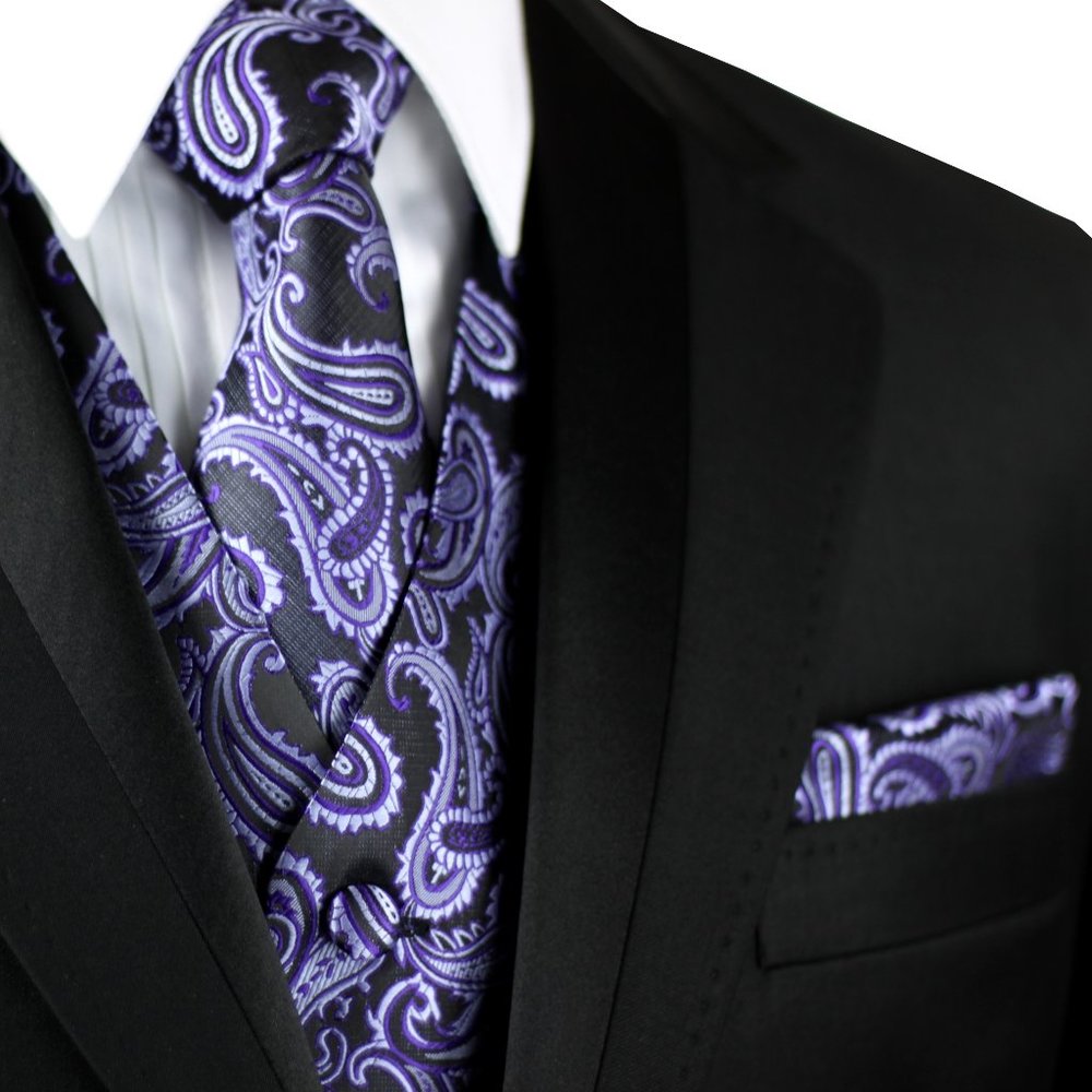 Men's Formal Wedding Prom Homecoming Tuxedo Vest Tie Hankie set - Purple Paisley